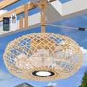 PAZALA 15" Beige Boho Caged Outdoor Ceiling Fan Remote Light | Plug-in,Woven, APP & remote, 6-speed, reversible, 3CCT dimmable, for patio, pergola, porch.