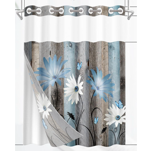 No Hook Rustic Farmhouse Shower Curtain with Snap in Fabric Liner Set, Blue Daisy Flowers and Butterfly on Wooden Double Layers Waterproof with See Through Top Bath Curtain 71x74 Inch