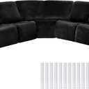 Peryiter 7 Pcs L Shape Sectional Recliner Sofa Covers 5 Seat Sectional Couch Covers Milk Silk Velvet Stretch Reclining Sofa Slipcover Furniture Protector for Living Room(Black,Velvet)