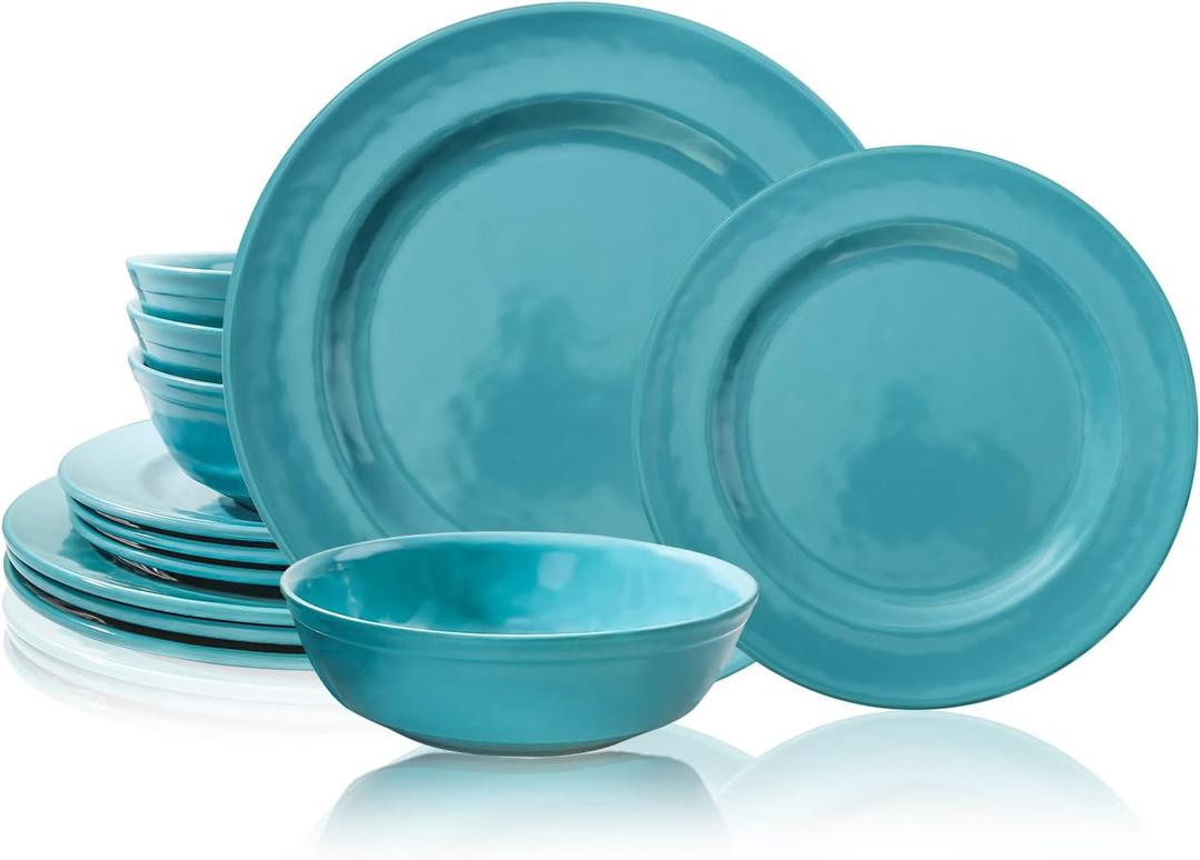 TP 12-Piece Melamine Dinnerware Sets, Plates and Bowls Dishes Set for 4, Break-Resistant & Non-Microwavable, Lightweight Dinner Plates, Teal