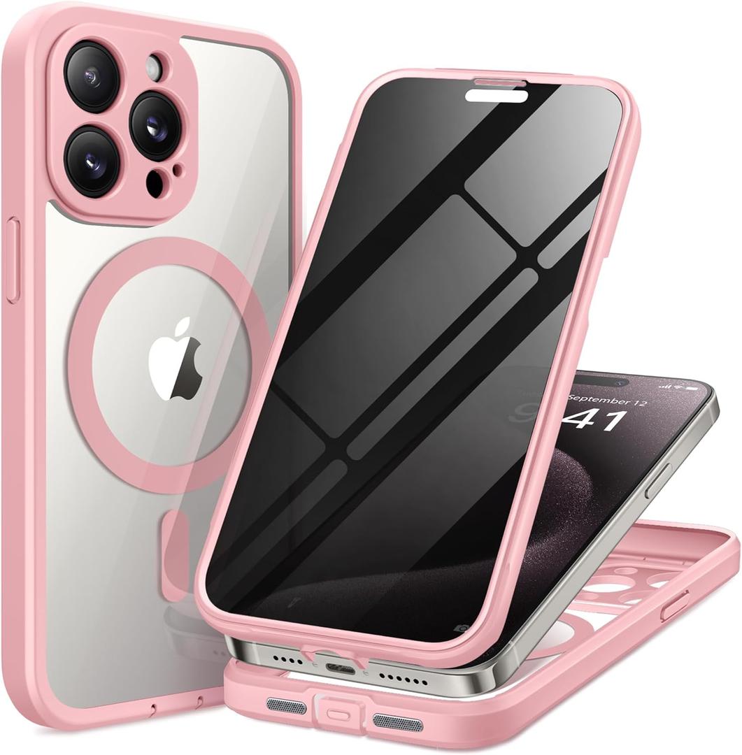for iPhone 15 Pro Max Case, Compatible with MagSafe, Built-in Privacy Screen Protector and Camera Protection, Anti Spy Full Body Dustproof Shockproof Hard Phone Case 6.7", Pink