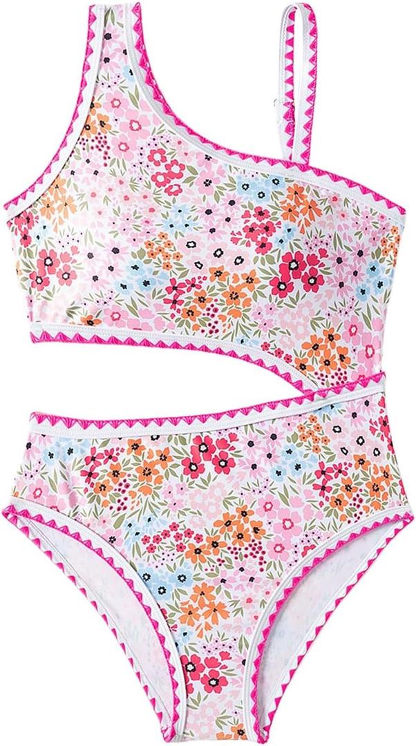 Floerns Girl's One Piece Swimsuits Floral Asymmetrical Neck Cut Out Monokini Swimwear (Light Pink)