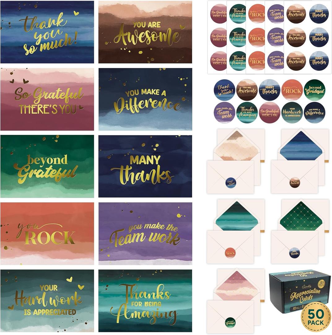 Decorably 50 Pack Gold Foiled 6x4in Employee Appreciation Cards with Envelopes and Stickers, 10 Designs Folded Employee Thank You Cards for Employees, Blank Inside - Promotion, Work Anniversary