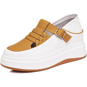 Women's Soft Leather Platform Height Increasing Sneakers,Fashion Hollow Woven Hook & Loop Breathable Round Toe Casual Walking Shoes Outdoor Comfortable Slip on Sandals (6, Yellow)