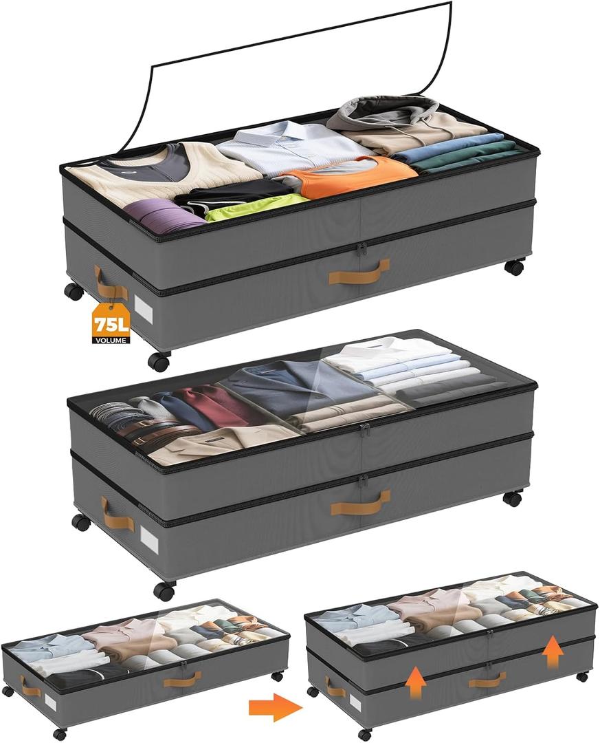 Under Bed Storage with Wheels 2-Pack, 75L XXL Under the Bed Storage Containers Large, 12" Tall Adjustable Storage for Underbed with Lids, Rolling for Shoes, Clothes, Blankets (Grey)