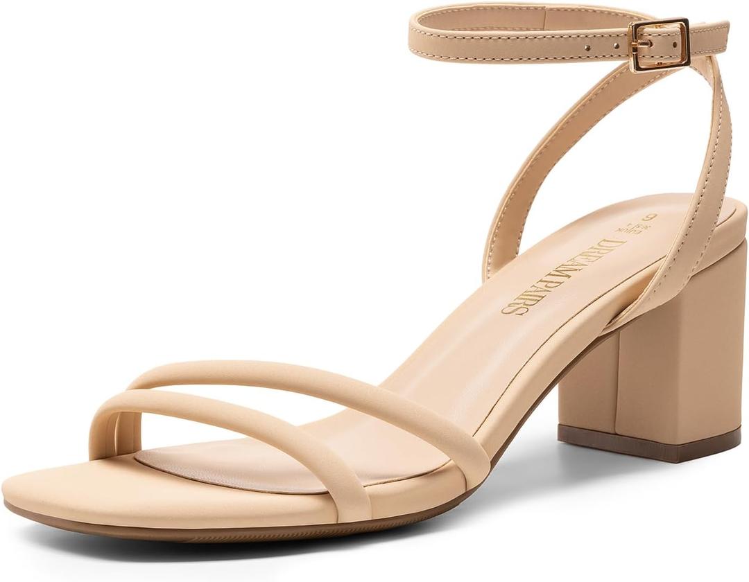 DREAM PAIRS Women's Chunky Strappy Heels Square Open Toe Ankle Buckle Low Heels Sandals for Daily Wedding Party Dress (9, Nude)