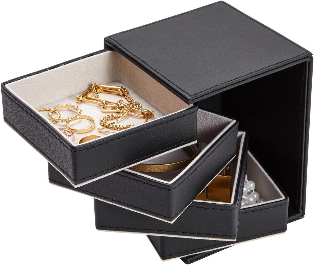 4 Layer Rotating Jewelry Organizer for Men, Women, Small Faux Leather Box for Necklaces, Rings, Earring, Bracelets (Black, 4x5.25") - Jewelry Box - Earring Holder Organizer