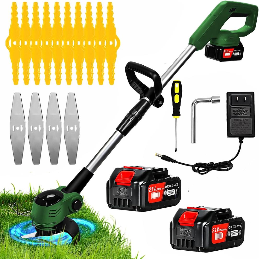 Electric Weed Wacker Cordless, Electric Grass Trimmer 21V 4.0Ah Battery Powered Weed Trimmer, 3 in 1 Lightweight Brush Cutter/Edger/String Trimmer with 2 Types Blade & for Garden and Yard Lawn (Green)