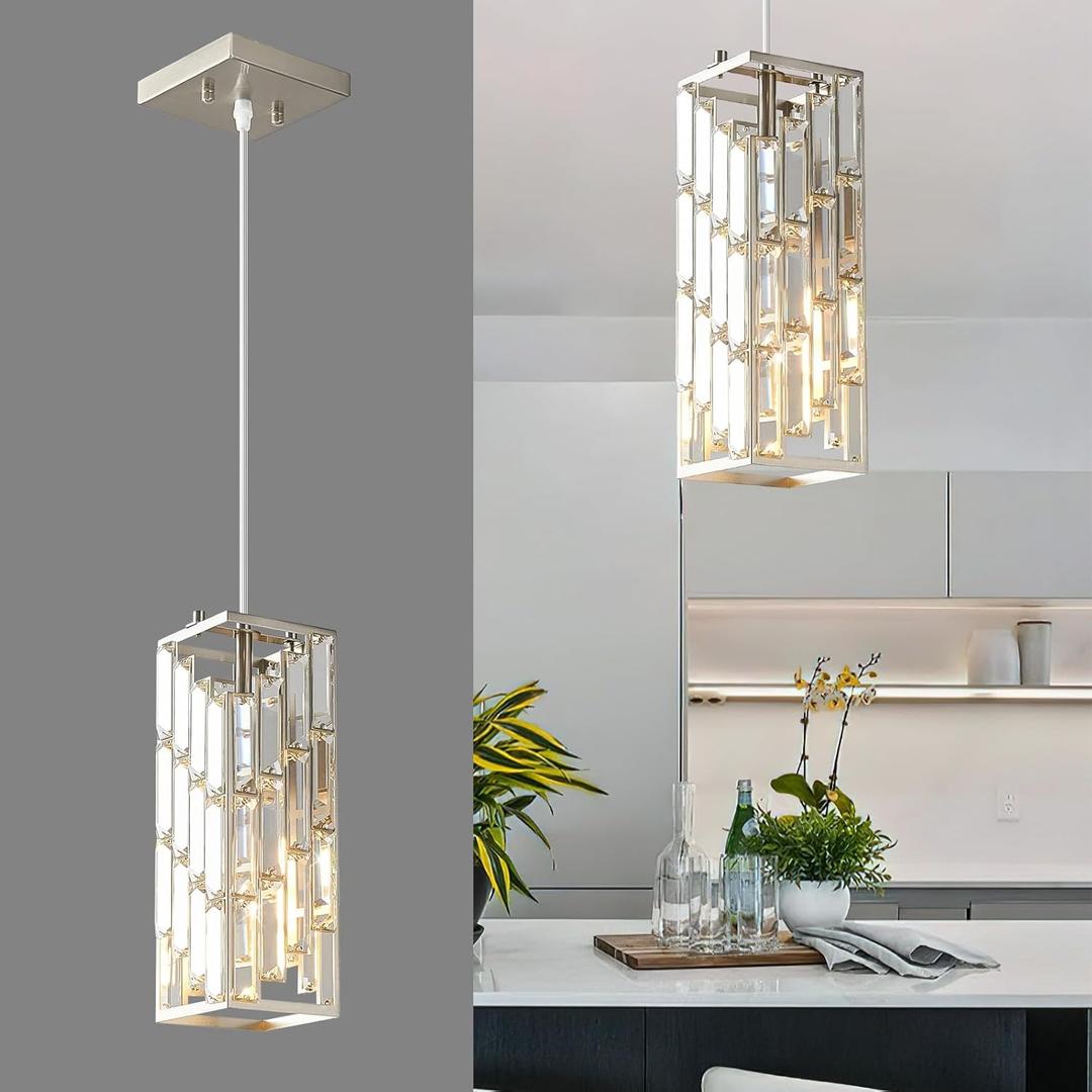 Brushed Nickel Pendant Lighting Modern Pendant Light, Mini Crystal Chandeliers,Adjustable Pendant Light Fixture for Kitchen Island Dinning Room Bedroom (1 Pack)