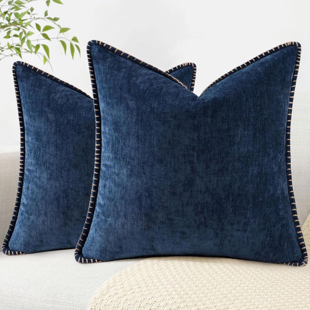 decorUhome Chenille Soft Throw Pillow Covers 20x20 Set of 2, Farmhouse Velvet Neutral Decorative Pillow Covers with Stitched Edge for Couch Sofa Bed Home Decor, Poseidon