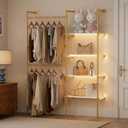 Industrial Pipe Clothes Racks with LED Lights& Shelves, Heavy Duty Adjustable Garment Hanger with Shelves, 2 Installation Methods Closet Storage System for Wardrobe Organization,Gold