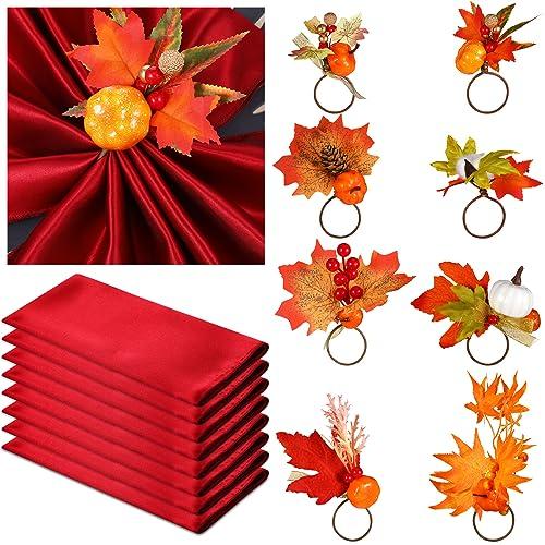 Suttmin 8 Sets Fall Thanksgiving Napkin Ring Holders and Fall Cloth Napkins Reusable Pumpkin Maple Leaf Napkin Ring with Autumn Cloth Napkins for Dinner Party Table Decoration(Pine Cone)