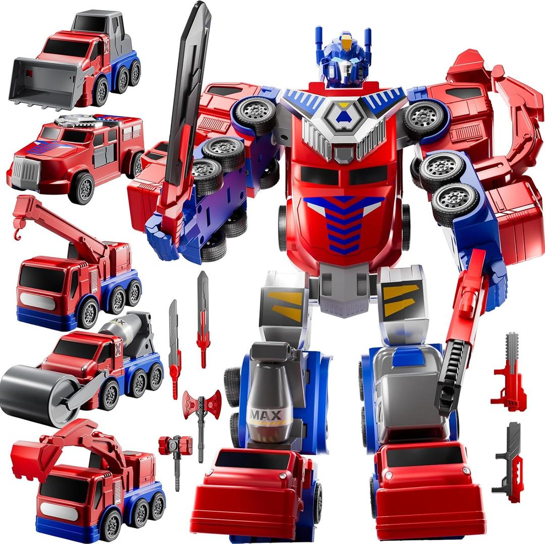 MSKOLER Robot Toys for Kids 3-5 Magnet Transforming Robot 5-in-1 Educational Toys Easy DIY Assembling Vehicle Playsets for Boys and Girls (Red)