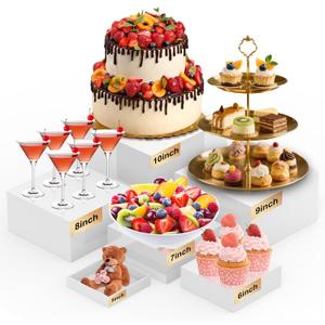 Buffet Risers Set of 6 Food Display Risers for Party, White Dessert Stands, Acrylic Cube Boxes Display Nesting for Buffet Table Catering Dessert 5" 6" 7" 8" 9" 10"
