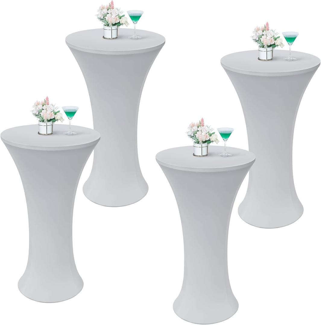 Wolkemer 4PCS 24x43 Inch Silver Round Cocktail Tablecloth Fitted Highboy Stretch Cocktail Table Cover for Banquet Bar Party Pub Wedding Indoor Outdoor