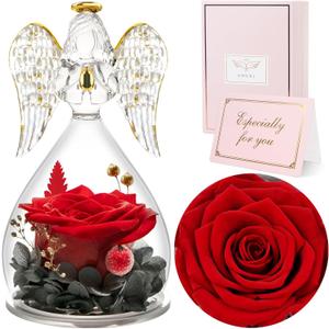 Sunia Valentines Day Rose Gifts for Women, Birthday Gifts for Mom Grandma, Forever Preserved Flower in Glass Angel Figurines Flowers for Delivery Prime, Mothers Day Real Roses for Her Wife (Red)
