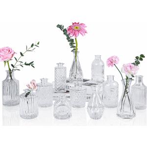 Clear Glass Bud Vases Set of 12, Mini Flower Vase for Centerpieces, Small Vases in Bulk for Wedding Decorations, Vintage Vase for Baby Shower, Party, Reception, Home Table Dcor