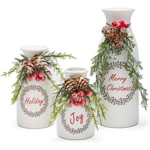 Artificial Christmas 3-Piece Set Flocked with Mixed Xmas Decorations Ceramic White Bottles