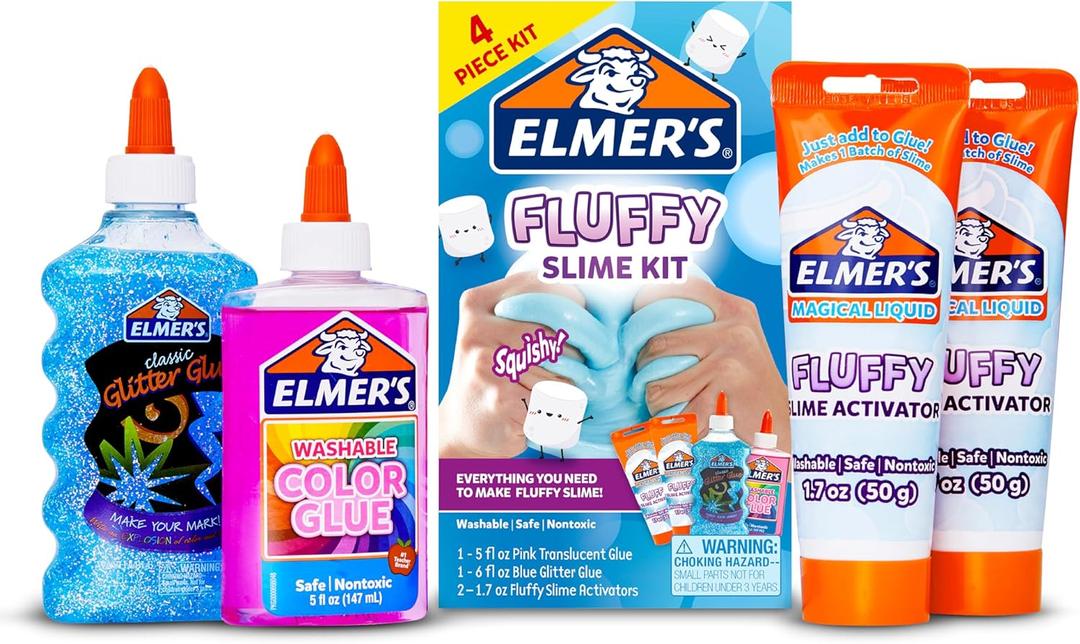 Elmers Fluffy Slime Kit, Includes Translucent Color Glue, Glitter Glue, Fluffy Slime Activator, 4 Count - Perfect for Birthday Parties, Gift Idea, Kids Activity