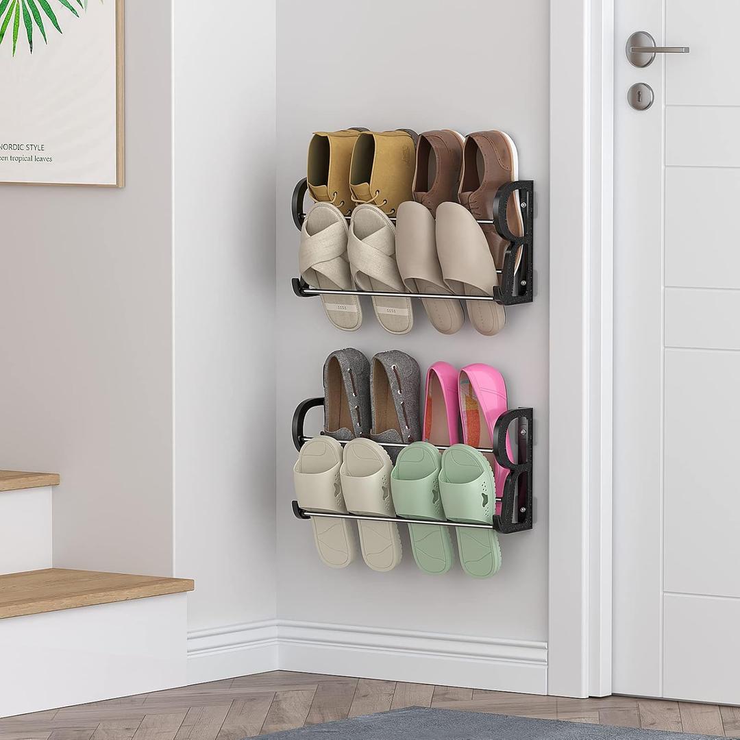 Hanging Shoe Rack 2 Pack, Wall Mount Shoe Rack with Sticky Hanging Mounts, Wall Shoes Holder Storage Organizer Shelf Shoe Holder for Wall Camper and RV Shoes Storage with Hooks No Drilling