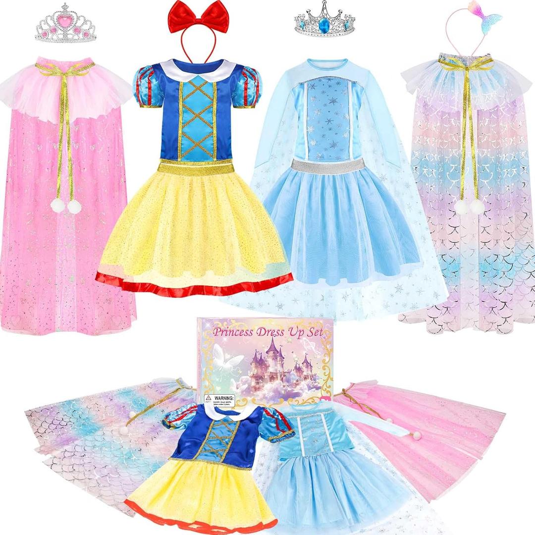 EULRGAUS Princess Dress Up for Girls 3-6, Toddler Dress Up Clothes with Princess Cape and Hairbands, Pretend Play Toddler Girl Toys, Halloween Christmas Birthday Gifts for Kids