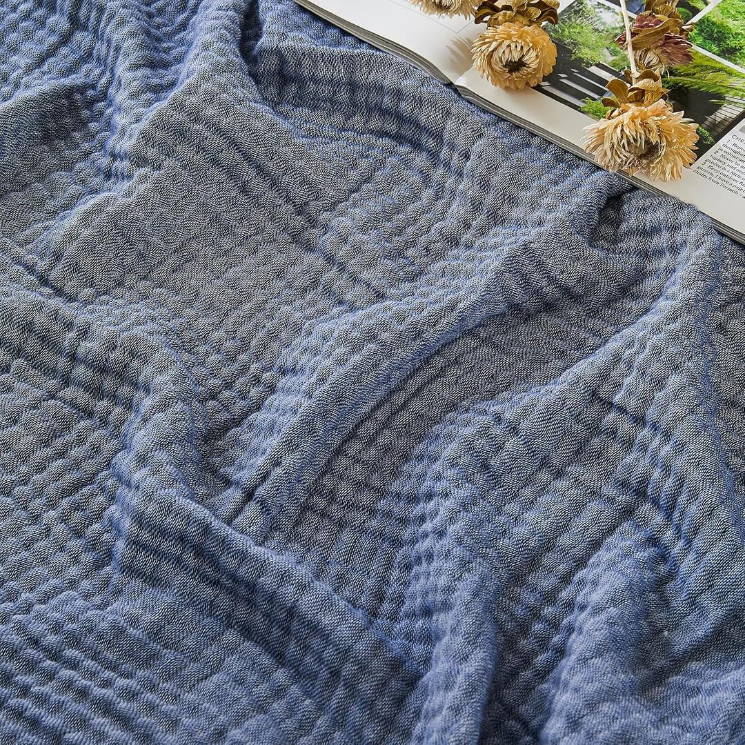 EMME Cotton Muslin King Blanket Bed Layering Bedspread Coverlet Breathable Gauze Soft Lightweight (Heather Navy, 108"x90")