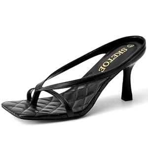 SKETOE Kitten Heels for Women Square Open Toe Sandals Dressy Wedding Party Shoes Flip Flops T Strap Slip On 3inch High Heels Black, Size 8