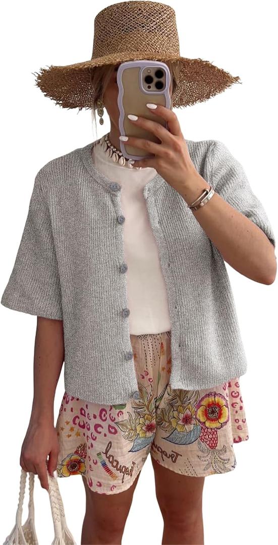 SCUSTY Women's Lightweight Cardigan Short Sleeve Button-Down Summer Cardigan Sweater L