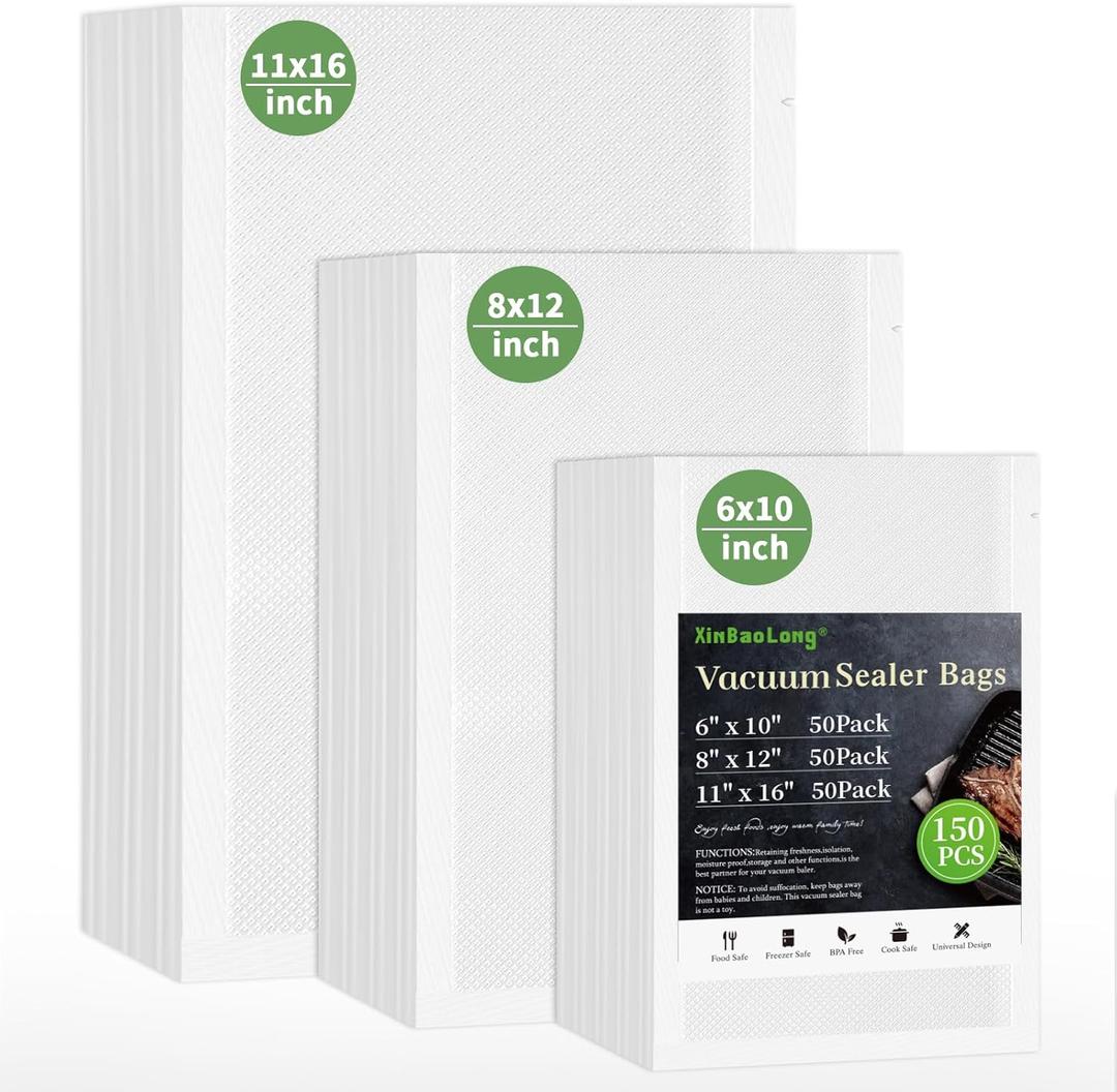 Vacuum Sealer Bags For Food-150 Quart 11"x16"and Quart 8"x12"and Pint 6"x10"-Commercial Grade BPA Free Bag-Durable Customized Size Food Vac Bags for Storage and Sous Vide Cooking-Puncture Prevention