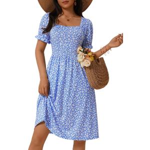 MSBASIC Women's Summer Casual Square Neck Dress Floral Puff Sleeve A Line Midi Sundress with Pockets (Blue, XS)