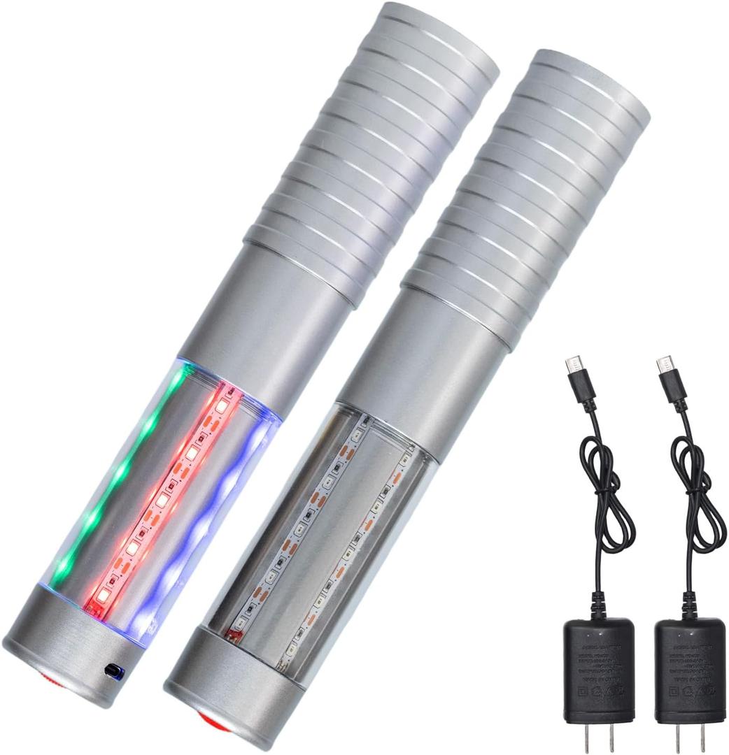 Strobe Bottle Girl Lights LED Bottle Service Lights Baton Reusable Rechargeable Service LED Champagne 2 Pcs for Bar Club Birthday Weddings Parties(Silver,Colorful Light)