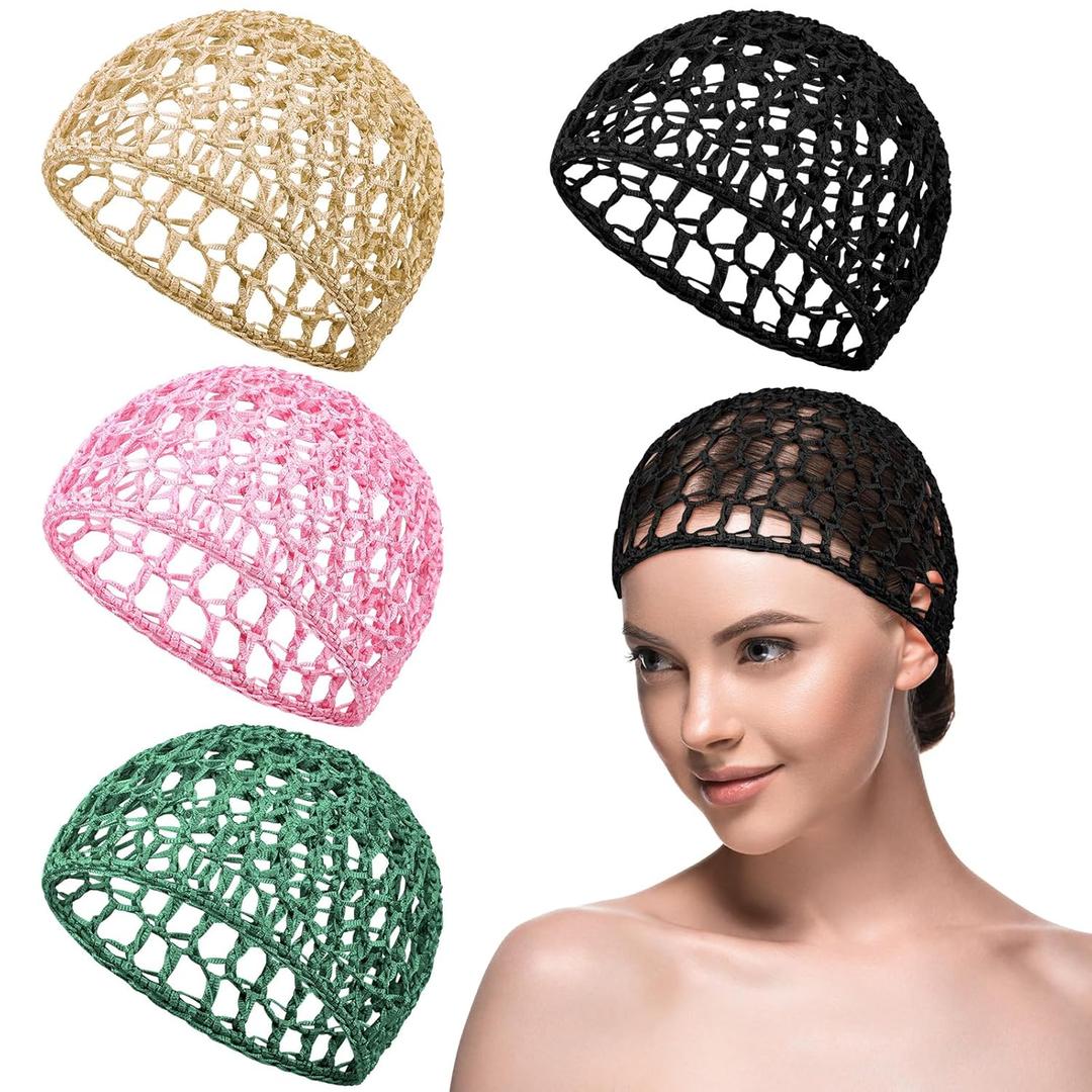 Geyoga 4 Pieces Mesh Crochet Hair Net Rayon Knit Snood Hat Thick Short Women Hairnet Snoods Cover Ornament for Sleeping(Black, Green, Pink, Beige)