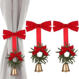 Suncalla 2 Pcs Christmas Curtain Buckle Tieback Christmas Wreath Curtain Ties Backs Holdback Holder Fastener Buckles with Velvet Bow and Bell for Xmas Holiday Home Window Decoration(Red)