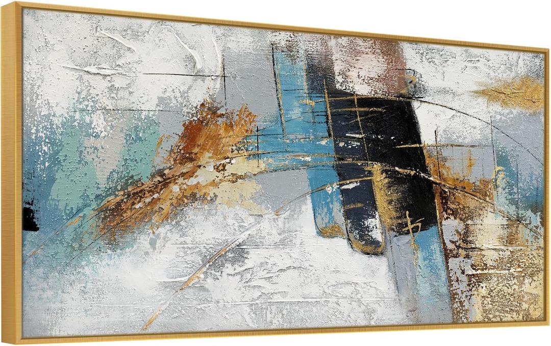 Large 100% Handmade Abstract Oil Painting with Frame Modern Original Hand Painted Heavy Textured Wall Painting Blue Gold Grey Canvas Wall Art Wall Decor for Living Room Bedroom Office Hang 60x30 inch