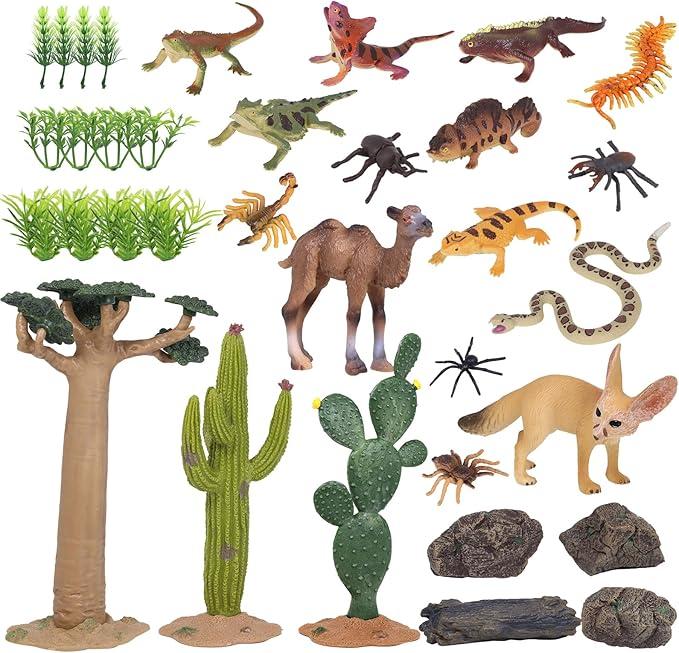 34Pcs Desert Animal Figurines Set Breadfruit Cactus Model Trees Kit with Camel Fox Lizard Snake Rock Reptiles Playset Toys for Cake Toppers School Projects or Birthday Gift