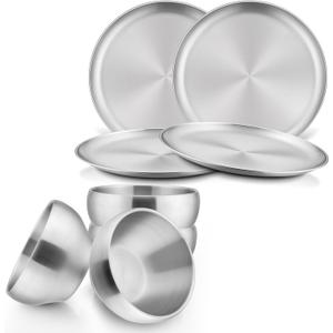 HaWare Kids Plates and Bowls, 8 Pieces Stainless Steel Dish Set, Reusable Dinnerware for Camping, Hiking, Travel, Picnic, Non-toxic Tableware set for Kids Self-feeding, Dishwasher Safe