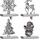 4 Pack Christmas Stocking Holder Set for Mantle Christmas Holiday Decorations Mantle Fireplace Topper Snowflake Snowman Reindeer and Christmas Tree Hangers Decorative Metal Hanger(Gray)