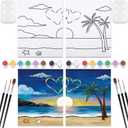 VOCHIC 2 Pack Sip and Paint Kit Pre Drawn Canvas for Painting for Adults Couples Date Night Games Outline Canvas Party Art Set Paints Brushes Pallets Valentine (12x16 Inches, Beach and Heart)
