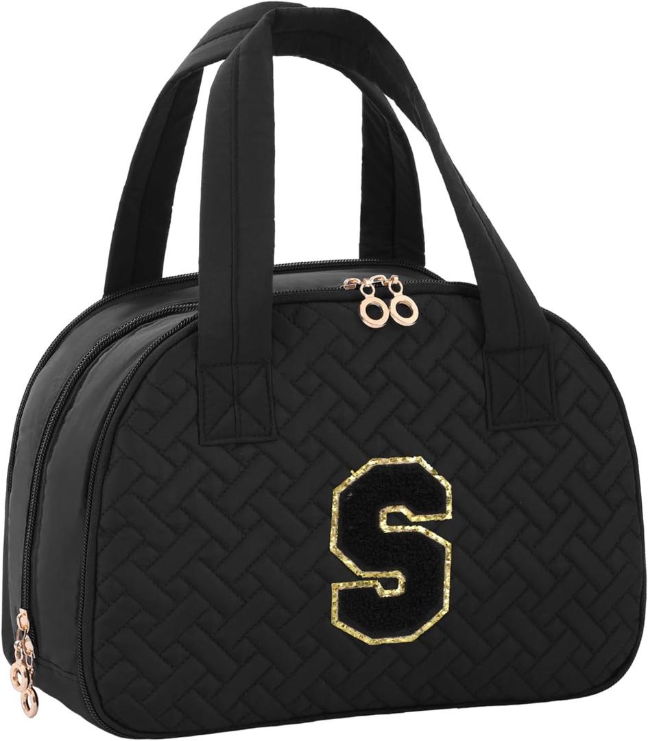 Initial Travel Toiletry Bag, Personalized Cosmetic Bags Birthday Gifts for Women, Makeup Bag Organizer with Handle, Travel Bag for Toiletries with Brush Holder (S, Black)