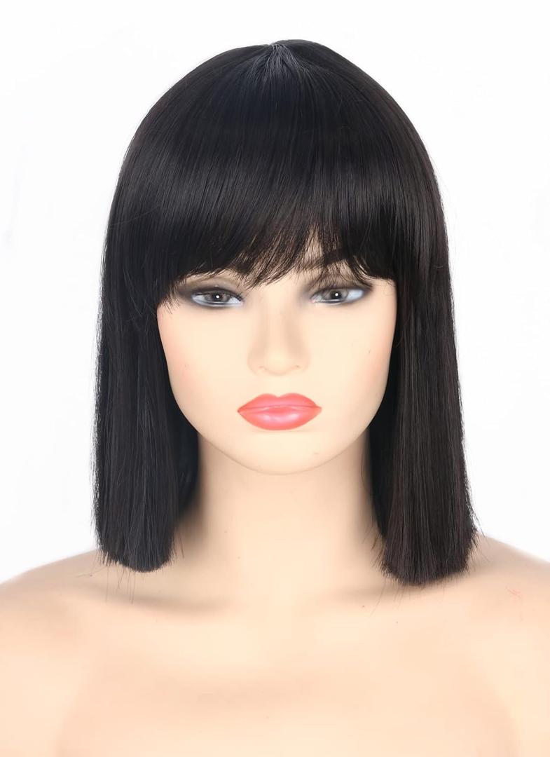 Topcosplay Women Wigs Black Short Bob Wig with Bangs Straight Hair Halloween Costume Party Wigs