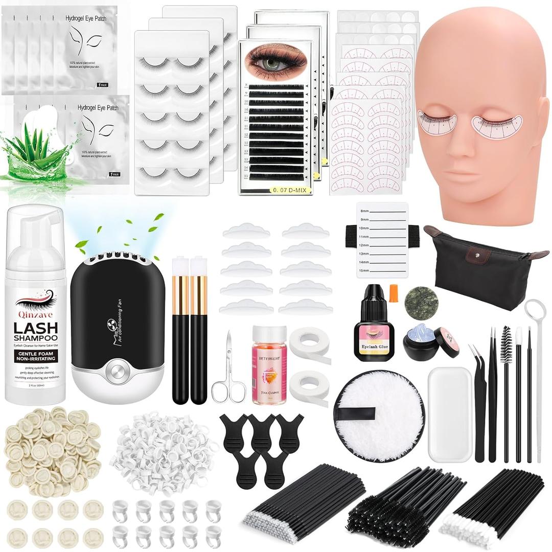 Lash Kit for Eyelash Extension Beginners Eyelash Extension Kit with Lash Mannequin Head, Eyelash Extension Practice Starter Kit with Everything USB Fan Lash Glue False Eyelash Lash Shampoo (Black Set)