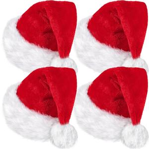 SATINIOR 4 Pcs Plush Santa Hat, Unisex Velvet Christmas Santa Hat Bulk with Comfort Lining for Party, Holiday, Christmas(over 14 Years Old,Red)