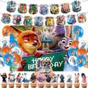 51 Pcs Cartoon Birthday Party Decorations, Cute Animals Party Decorations, Includes a Happy Birthday Banner, Backdrop, Hanging Decorations, Balloons, Cake Topper, and Dessert Toppers.