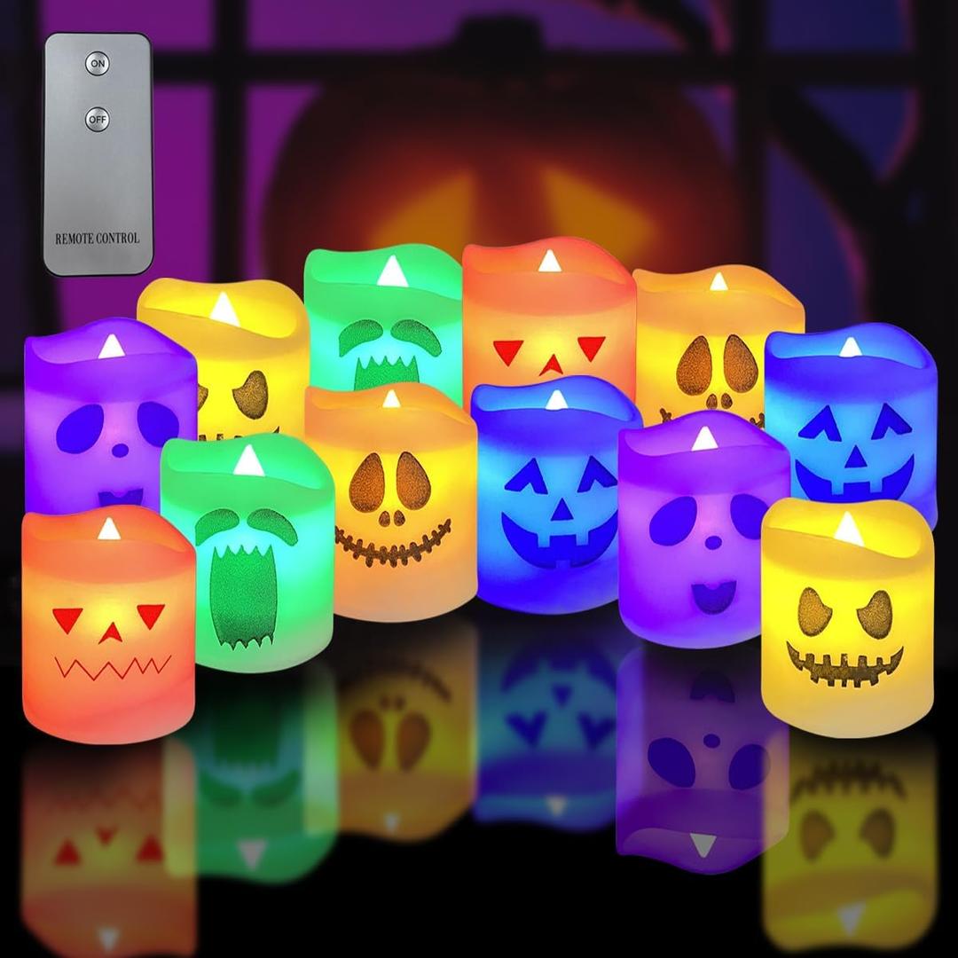 Anditoy 12 Pack Halloween Flameless Candles Battery Operated LED Colorful Tealights for Indoor Halloween Decorations Home Halloween Decor