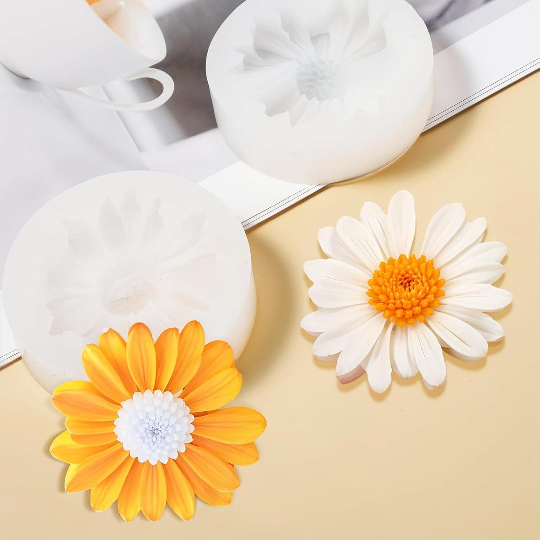 2PCS Daisy Flower Silicone Mold 3D Flower Fondant Chocolate Cake Cupcake Topper Decoration Mold Unique Resin Candle Molds Handmade Cake Dessert Decoration Chocolate Cupcake