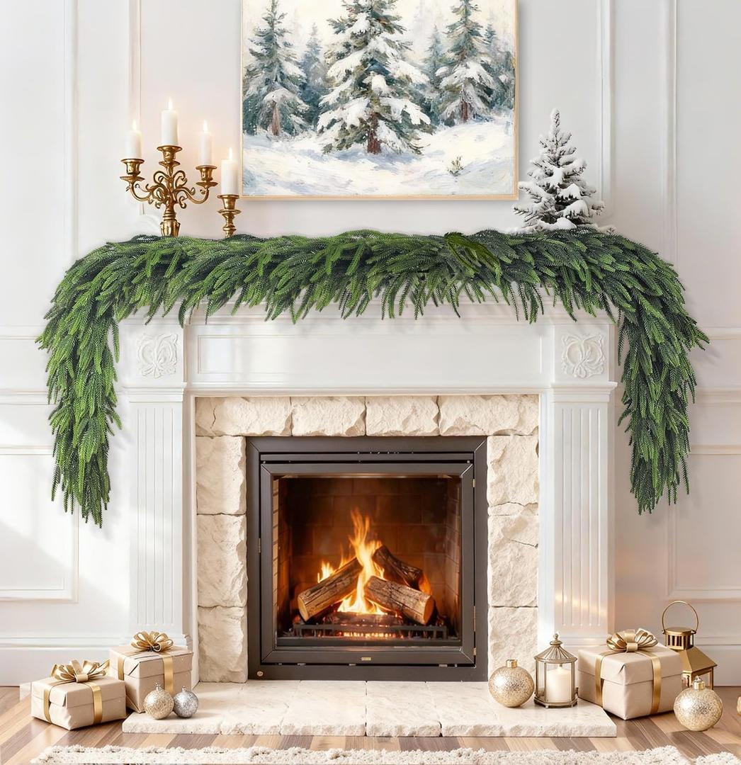 6 Ft Extra Full Christmas Garland Delux Real Touch Norfolk Pine Garland Christmas Decorations Lush Realistic Greenery Garlands for Mantle, Table, Stair, Railing, Fireplace Indoor Outdoor Holiday Decor