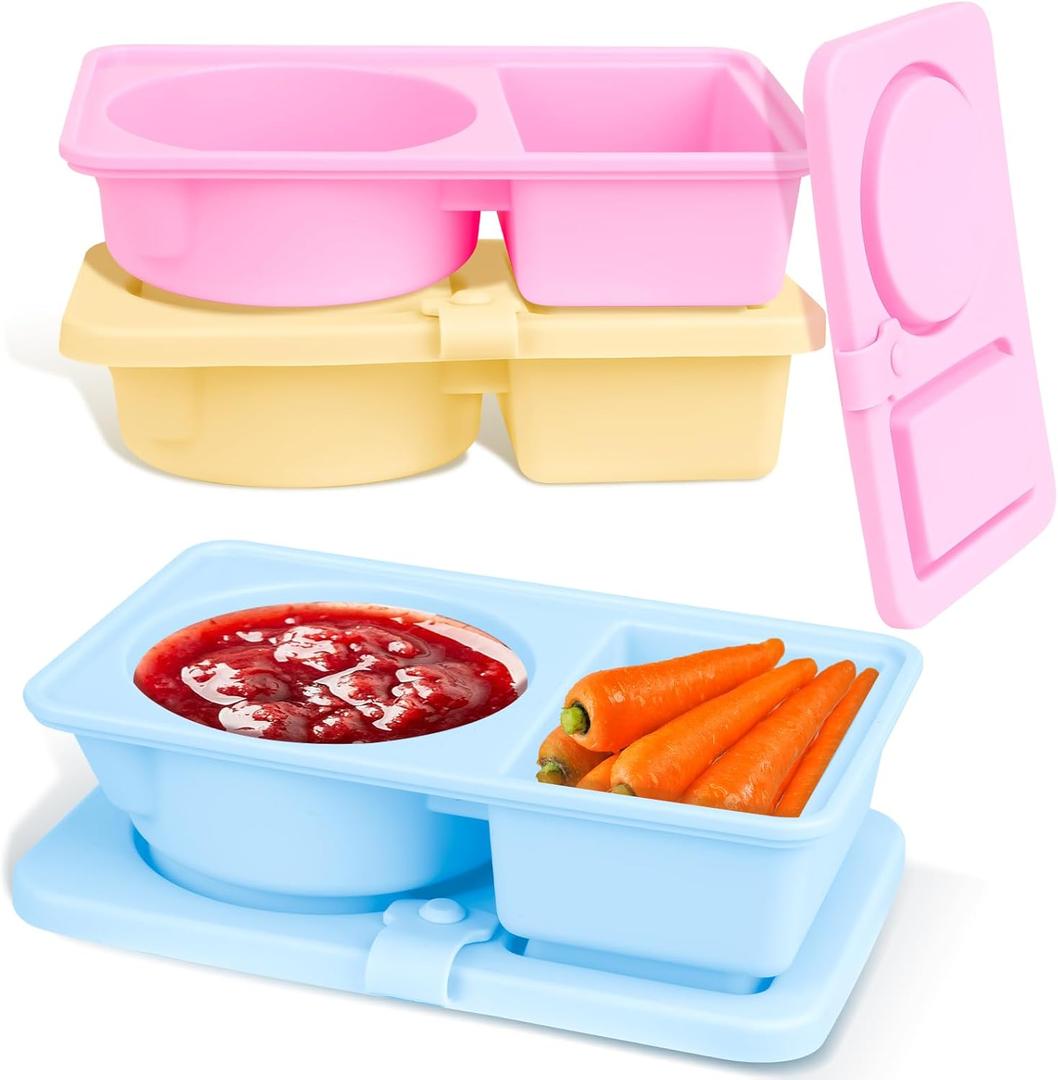 3 Pack Silicone Reusable Snack Containers with Lids, Double Compartment Snackle Box Containers, Salad Dressing Sauce Seasoning Container, Small Mini Food Snack Boxs for Travel, Office, Picnic (MIX)