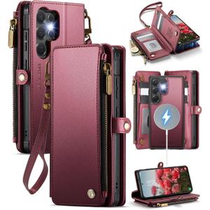 Defencase for Samsung Galaxy S25 Ultra Magnetic Wallet Case Compatible with Magsafe with RFID Blocking Zipper & Card Holder Women, PU Leather Detachable Phone Case for Galaxy S25 Ultra 6.9", Wine Red
