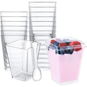 SHOPDAY 5 oz Plastic Dessert Cups with Lids 100 Pack Small Clear Square Parfait Cups with Spoons, Mini Plastic Tumbler Serving Cups for Tasting Party Appetizers Mousse Yogurt