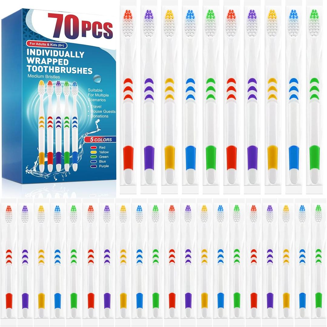 Navona 70 PCS Premium Individually Wrapped Bulk Toothbrush Pack, Disposable Toothbrushes, Kids Toothbrush, Medium Soft Bristle Toothbrushes, Ergonomics Handle, Perfect for Travel Hotel Donation